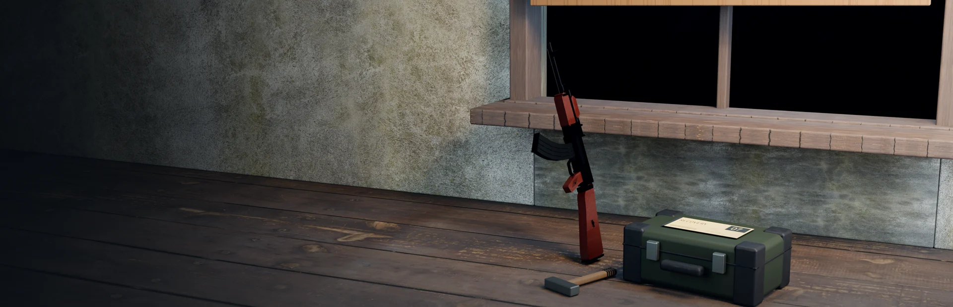 A fortified room in Amnesty with a rifle, hammer, and supply case.